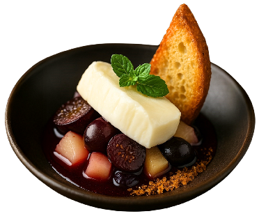 Fruta Bêbeda com Queijo de Cabra e Tostas Doces