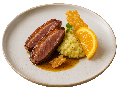 Pato com Laranja e Xerém Torrado