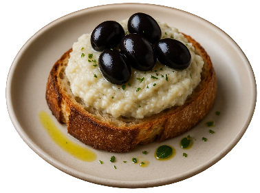 Pão com Pasta de Bacalhau, Alho e Azeitona